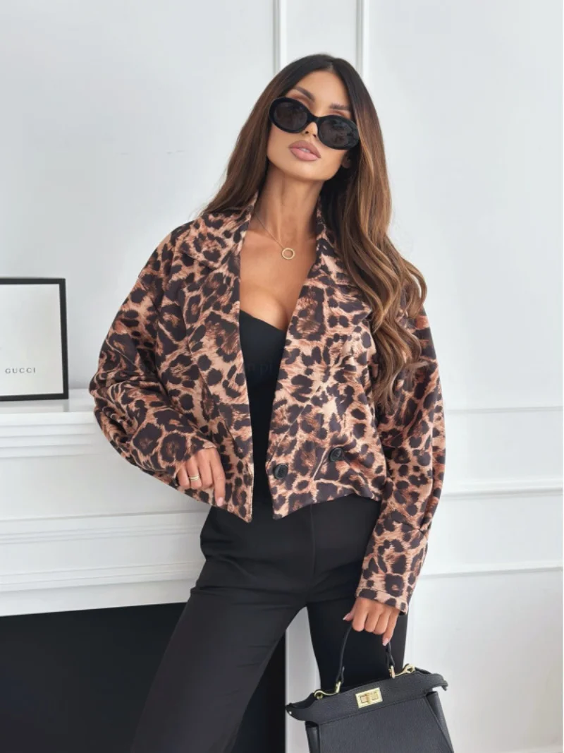 Loose Leopard Print Double Breasted Long Sleeve Casual Blazer Jacket For Women