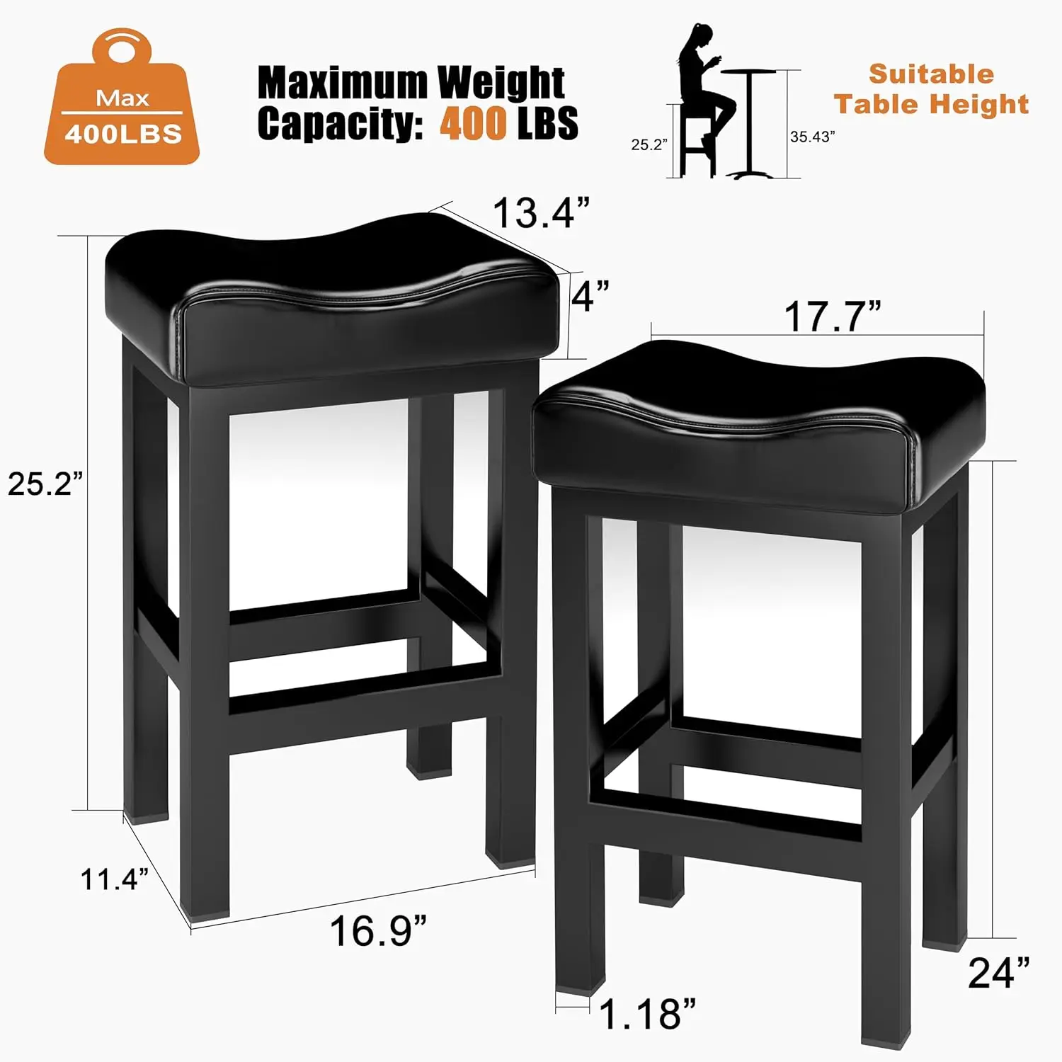 Bar Stools Set of 2, 25 Inch Counter Height BarStools，Heavy Duty Metal Base, Easy Assembly (Black)