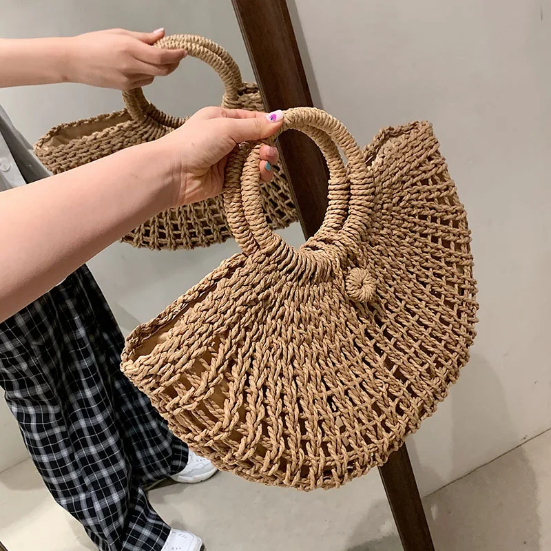 Summer Moon Shape Handmade Bag Half-moon Straw Beach Bag Travel Handmade Handle Bag Rattan Shopping Basket Bag Totes Bolsa