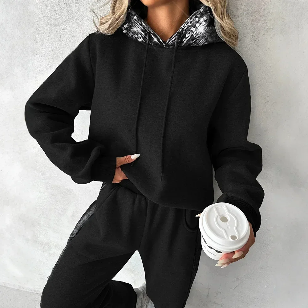 Contrast Sequin Hooded Sweatshirt & Pocket Design Sweatpants Set Women Autumn Winter 2pcs Clothes Suit