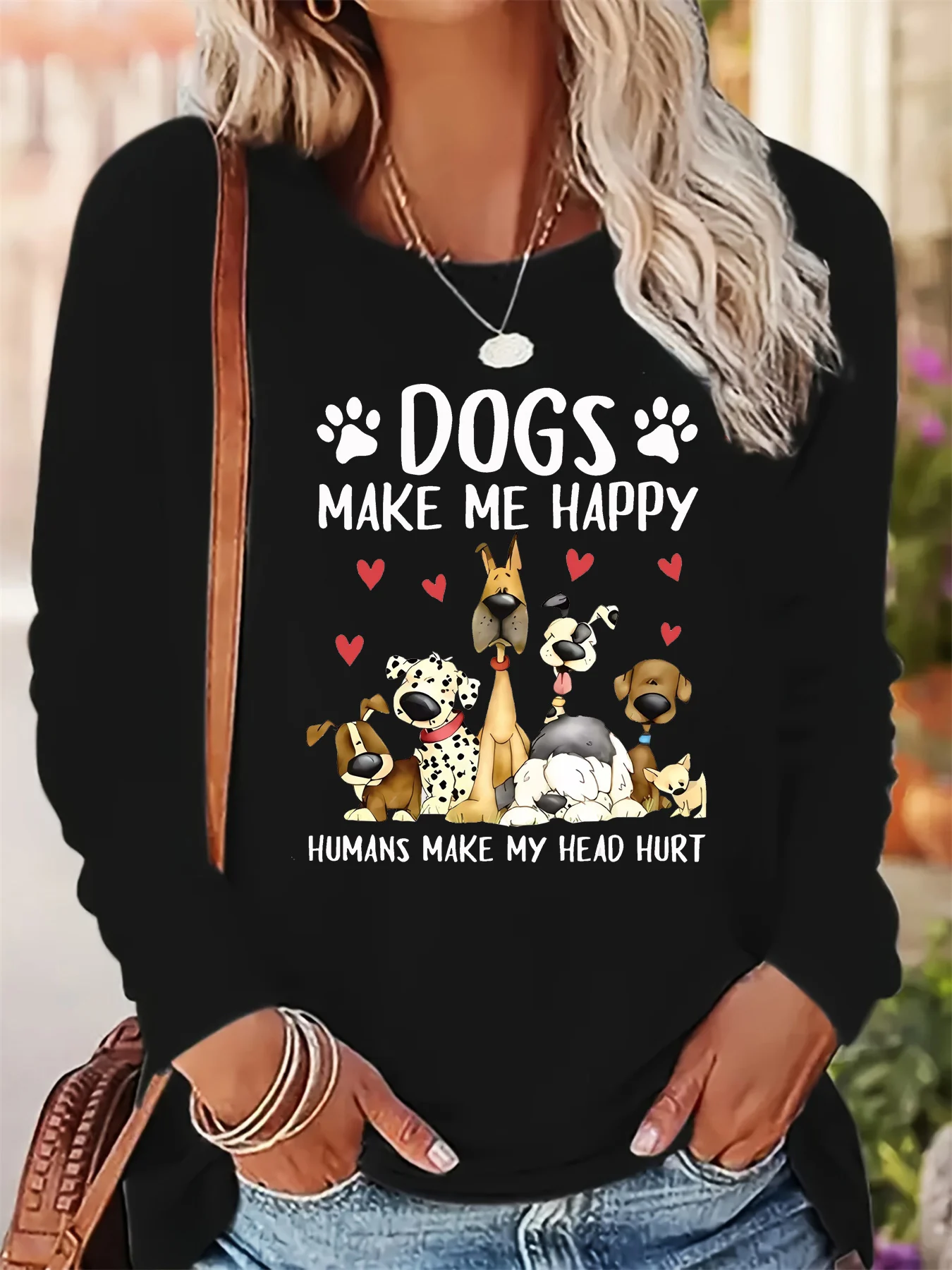 تي شيرت نسائي للربيع والخريف 100% من القطن الخالص عصري غير رسمي فضفاض بنمط حروف مطبوع برقبة دائرية وأكمام طويلة