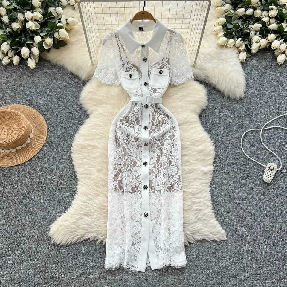 

French Style New Fashion Women's Turn-down Collar Short Sleeve Ankle Length Single-breasted White Balck Slim Ceremonial Dress