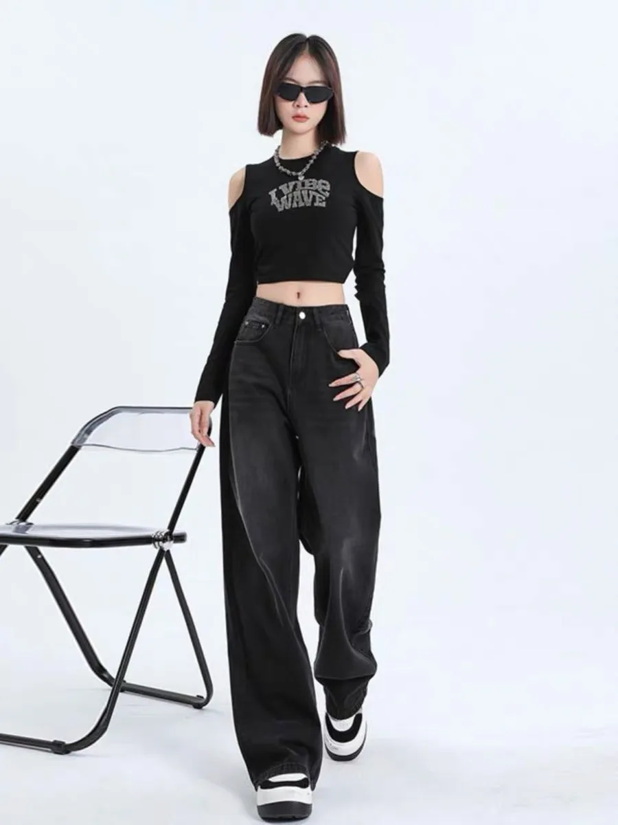 

High Waist Wide Leg Denim Jeans Women's Loose Lazy Drape Straight Leg Pants Bla ey Casual Simple Sle Spring 2026 New