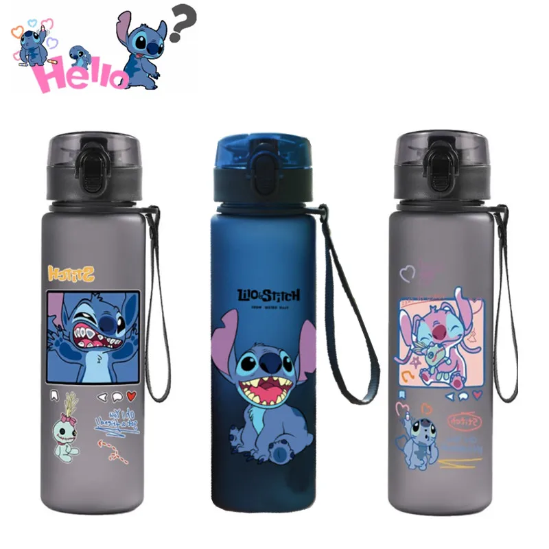 Lilo & Stitch-botella de agua deportiva de gran capacidad, vaso de plástico portátil con dibujos animados, para beber, color negro y azul, para