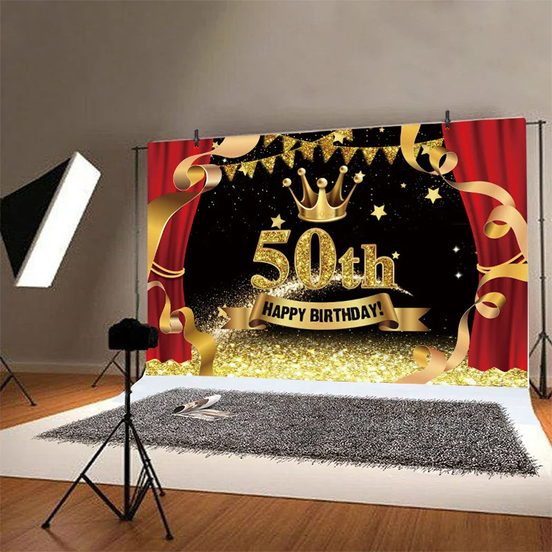 Telón de fondo con purpurina dorada para hombre y mujer, cortina roja para fiesta de cumpleaños de 50 años, accesorios para sesión fotográfica, pancarta