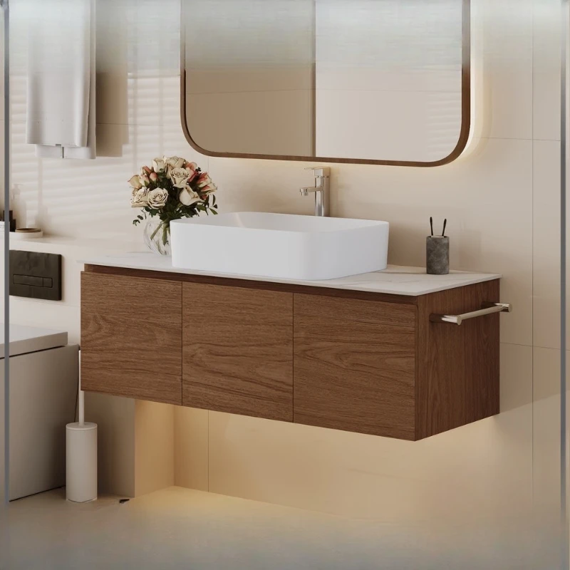 

Walnut Bathroom Furniture Set Toilet Slate Ceramic Counter Basin Striped Bathroom Cabinet