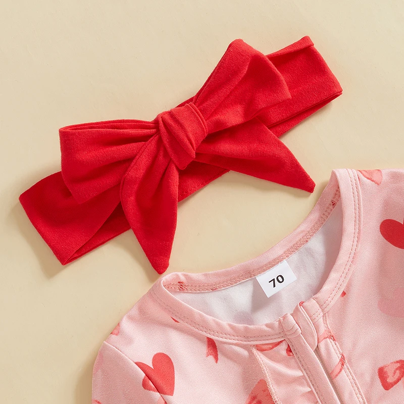 Neonata per San Valentino, vestito con fiocco, stampa a cuore, pagliaccetto con volant, cerniera, tuta con fascia per capelli
