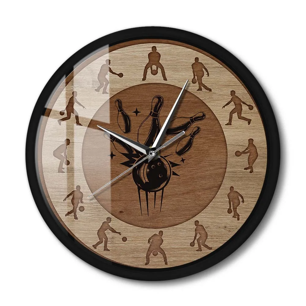 Bowling Shot Wood Texture Metal Frame Wall Clock Sports Art Silent Wall Watch Bowling Alley Bedroom Wall Decor For Bowlers Gift