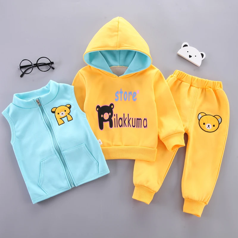 Kids Girls 3 Piece Fleece Lined Bear Print Hoodie Contrast Blue Vest Pants Suit Children Winter Clothing Set