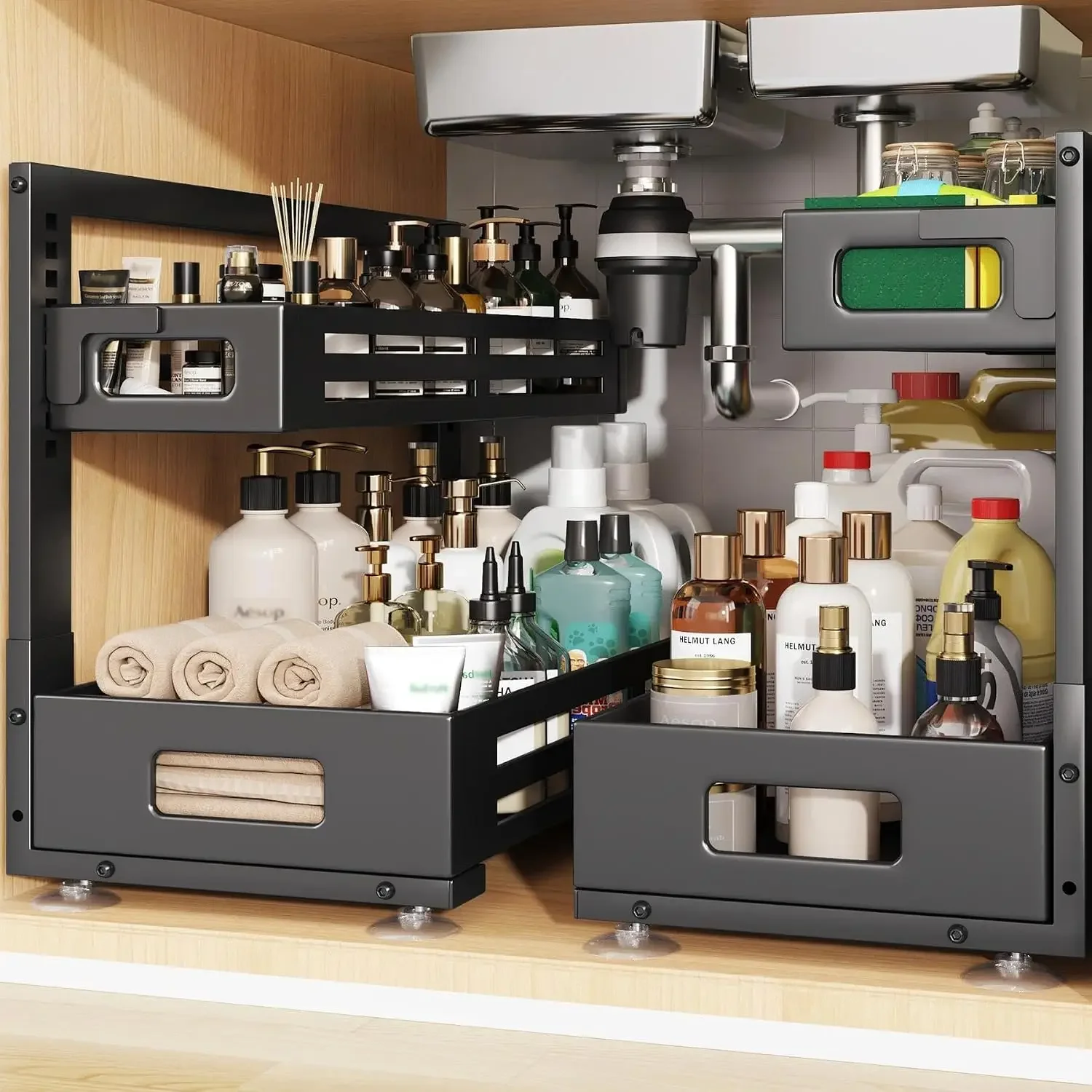 2 Pack 21IN-Depth Under Sink Organizer,Pull Out Cabinet Organizer With Smooth Cylindrical Rail,Metal Slide Out Drawer