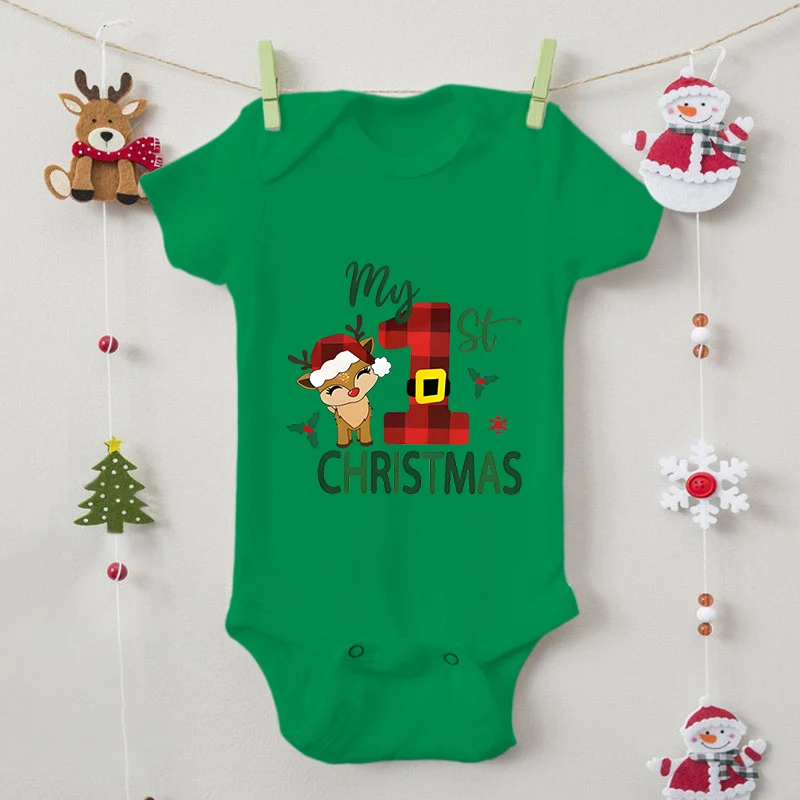 2024 Xmas Elk New Casual Baby Boys Girls Rompers Short Sleeve Cotton Newborn Bodysuits My First Christmas Infant Jumpsuits 0-24M