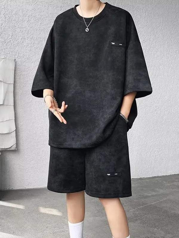 

American High Street Ice Silk ort Sve Футболка orts Set Thin Summer Cool Haome Dyeing Большой размер Комплект из двух предметов для мужчин