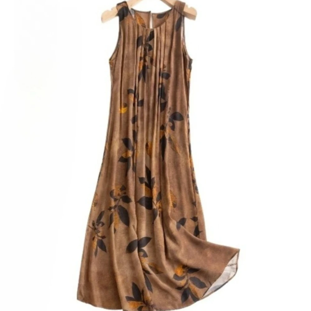 2025年レディースファッション新スタイル100%天然桑絹03クレープデシンラウンドネックナチュラルウエストプリントベストドレス