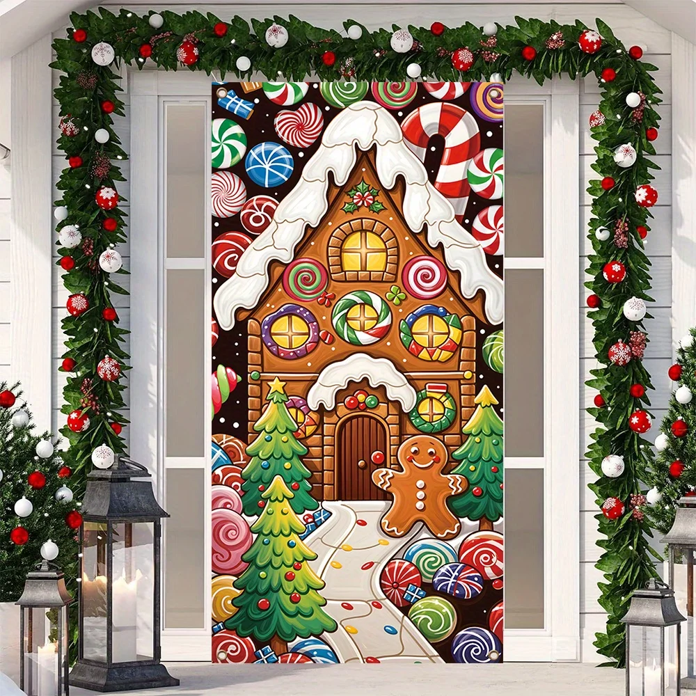 2D Flache Tür Banner Festliche Polyester Weihnachten Tür Abdeckung Banner Lebkuchenmann Haus Design Weihnachten Party Dekoration