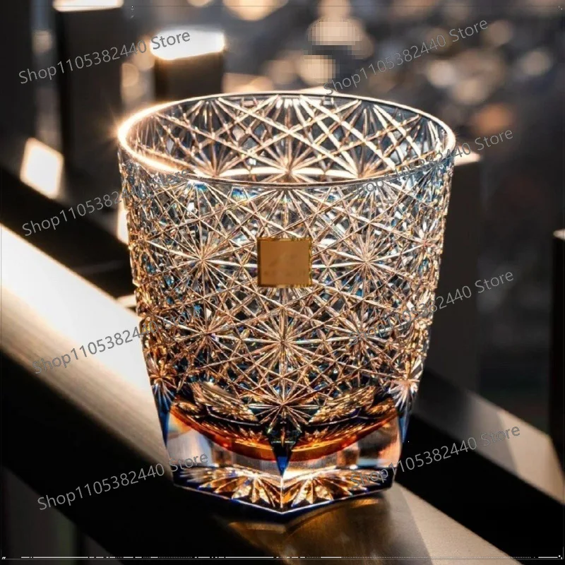 Edo Kiriko Blue Daisy Crystal Whiskey Glass, Handmade Japanese Cut Glass Rocks Glass, High-End Home Bar Decor with Gift Box
