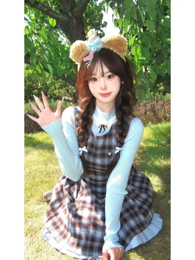 

Синий клетчатый комплект: платье-жилет и брюки, милый осенне-зимний стиль, маленький размер, модный, из хлопка, с длинным рукавом, с высоким воротником