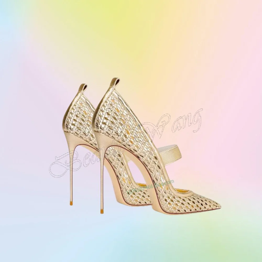 ゴールドのような中空デザインのウェーブ型浅履きスティレットヒール、ポインテッドトゥ、細いハイヒール、レディースウェディングシューズ2025、女性用サンダル