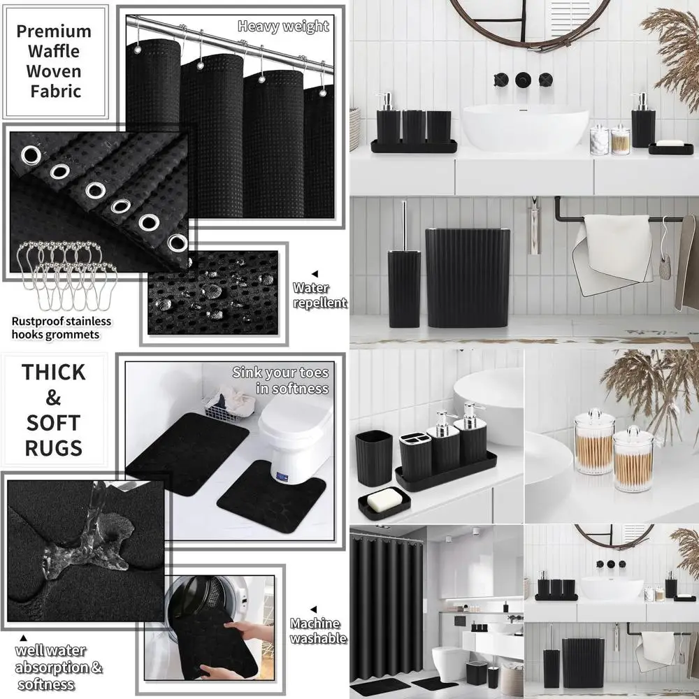 

Complete 25-Piece Black Bathroom Accessory Set with Shower Curtain and Mats