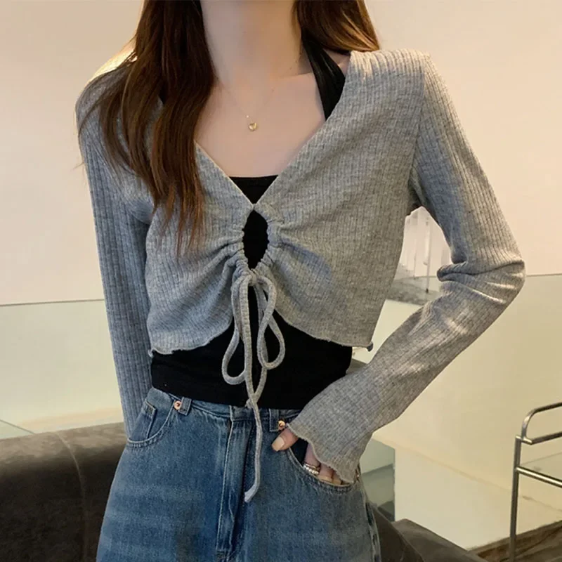 Women's Sets V-neck Long Sleeve Knitted Shirts+Camisole 2Pcs Suit Solid Color Spring Fashion Streetwear Female Sexy Outfits