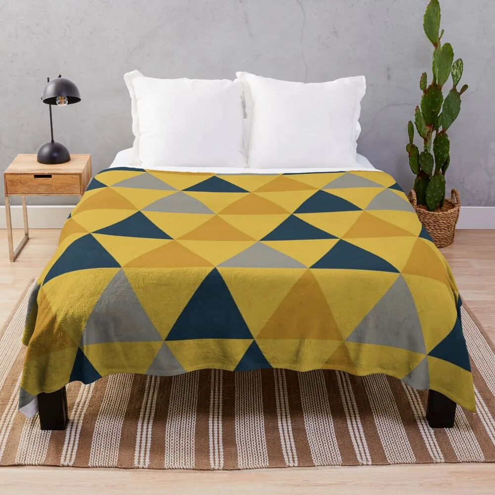 Triangular: Dark Mustard Yellow, Light Mustard Yellow, Navy Blue, and Grey Minimalist Geometric Pattern Throw Blanket