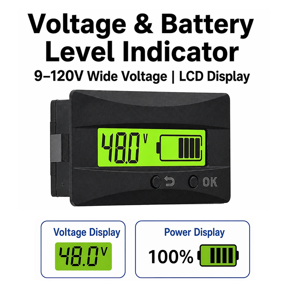  Universal Battery Capacity Indicator DC 9-120V Electricity Meter Lead-acid Lithium LiFe PO4 Voltage Tester for Car Motorcycle