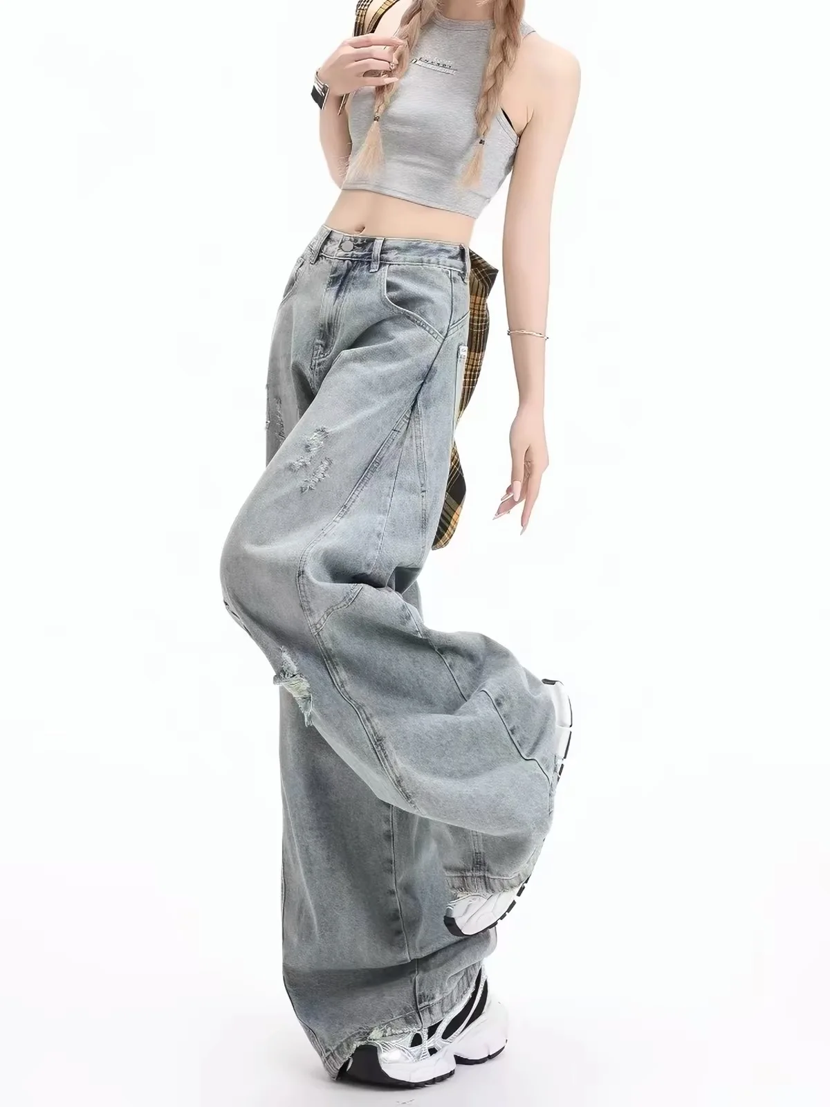 Casual High Waist Wide Leg Pants Women's Summer New Style Pear Shape Loose Fit Kids' All-Match Drapey Knife Pants Torn