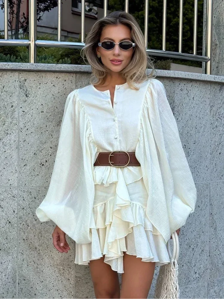 

Casual Full Sleeve Single-breasted Lotus Leaf Edge Mini Dress Elegant Belt Pleated Dresses New Lady Highstreet Vacation Vestido