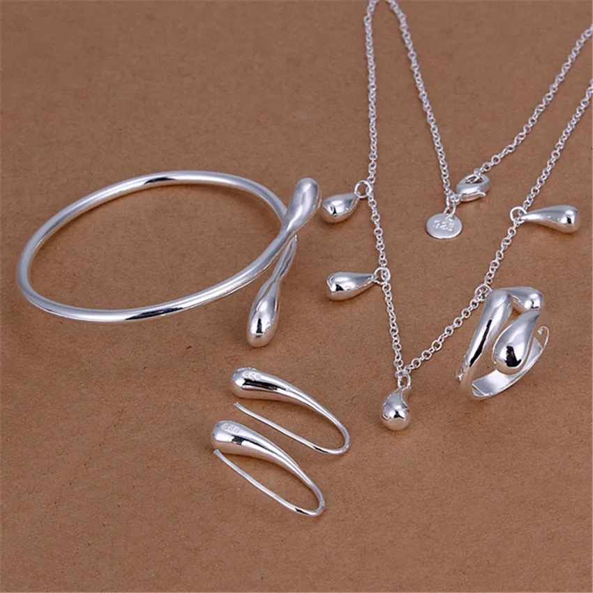 Special Offer 925 Sterling Silver Classic Water Drop Bangles Bracelet Necklace Earrings Rings Jewelry Set For Women Fashion Gift