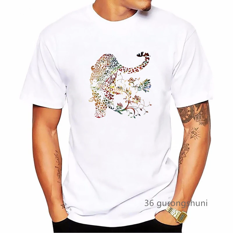 

Watercolor Leopard Animal Print T Shirt Men'S Clothing Summer Short Sleeve Tshirt Homme White Casual T-Shirt Streetwear