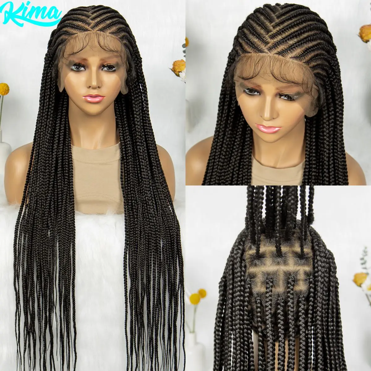 Cornrow Braided Wigs Synthetic Full Lace Braids Wig with Baby Hair 36inch Handmade Knotless Box Braided Lace Wig For Black Women