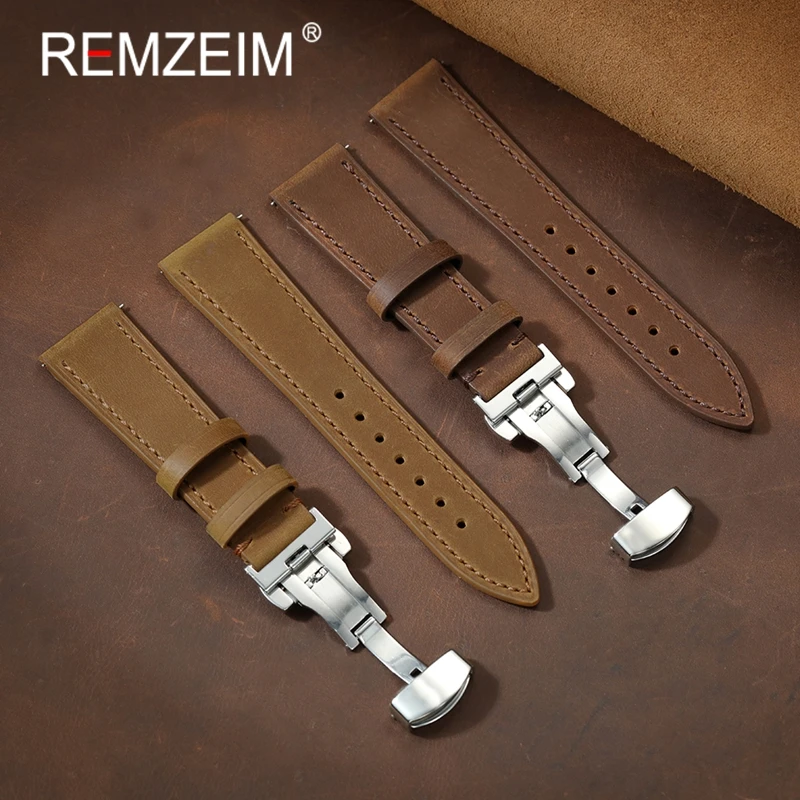 

Butterfly Buckle Crazy Horse Leather Watch Straps 18mm 20mm 22mm Replacement Wristband Vintage Quick Release Watchband Belt