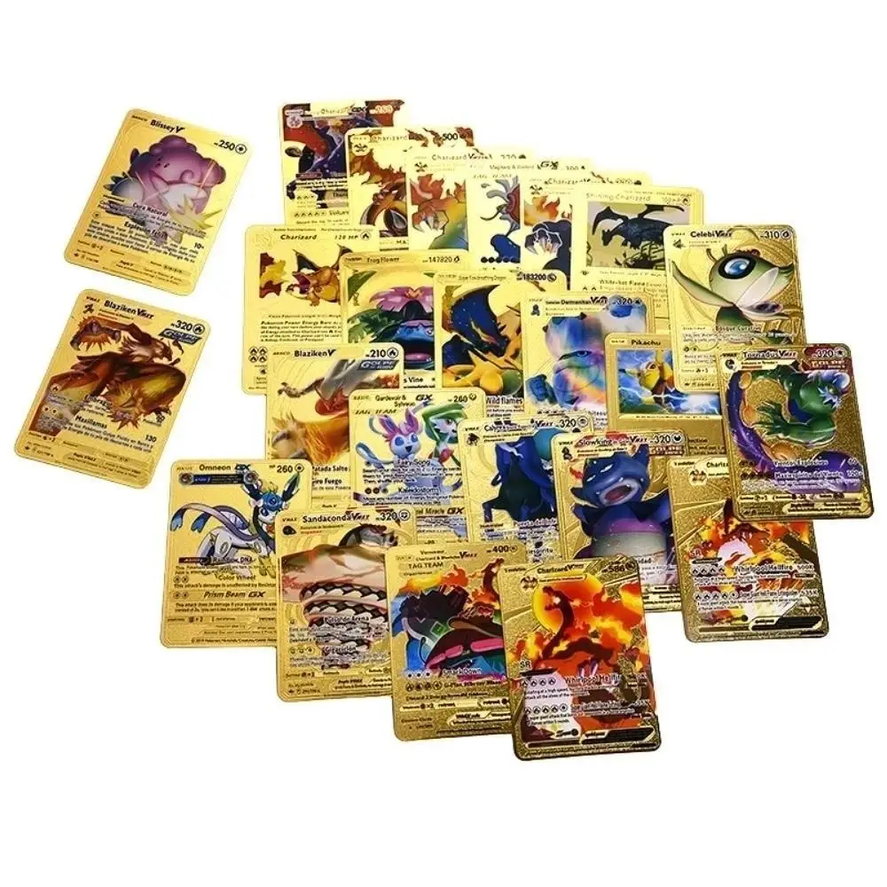 Pokemon Gold Foil Battle Card for Kids, Gold Foil Card, Preto, Prata, Inglês, Francês, alemão, Espanhol, Presente de Aniversário