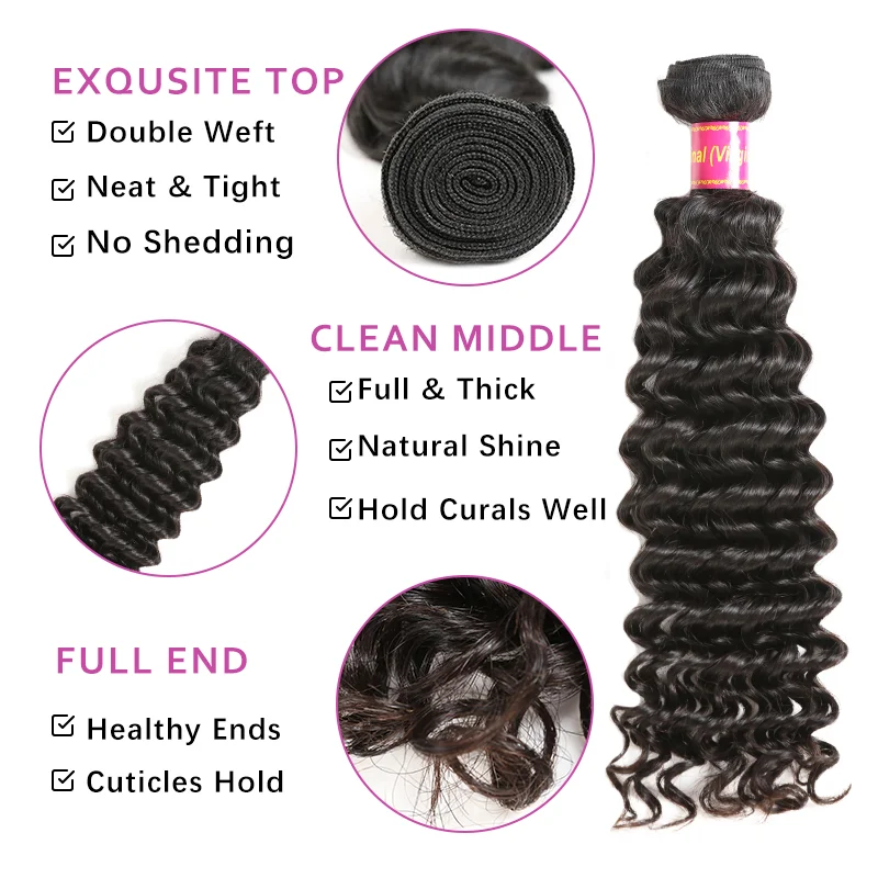 Ali Queen Hair 10A Grade Deep Wave Human Hair Bundles 1pcs Hair Weave 100% Unprocessed Virgin Human Hair Bundle Natural Color