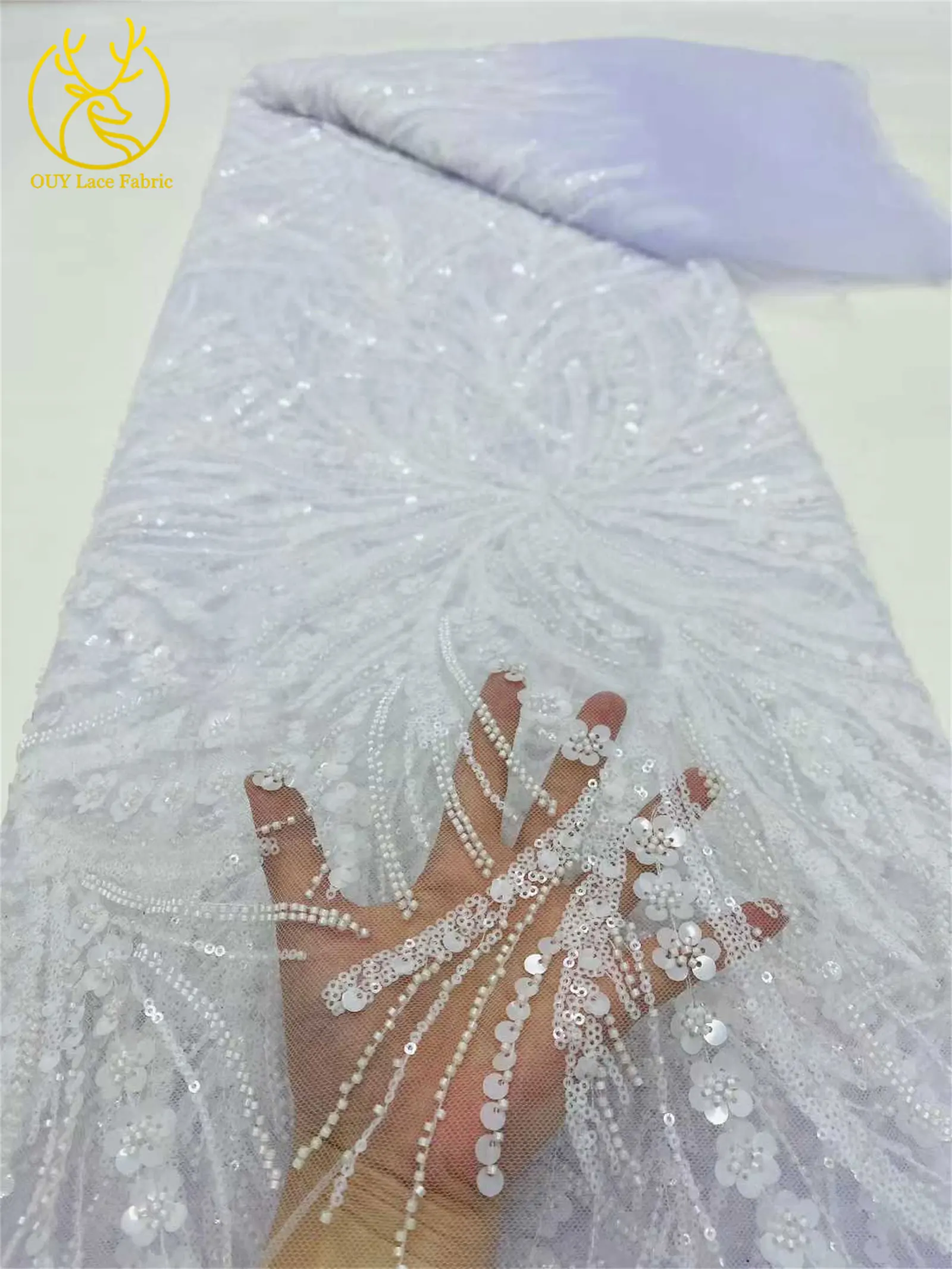 2026 Luxuriöser Afrikanischer Perlen-Pailletten-Spitzenstoff 5 Yards Französischer Nigerianischer Tüll-Netzstoff für Brautkleider und Abendkleider – Detail 17