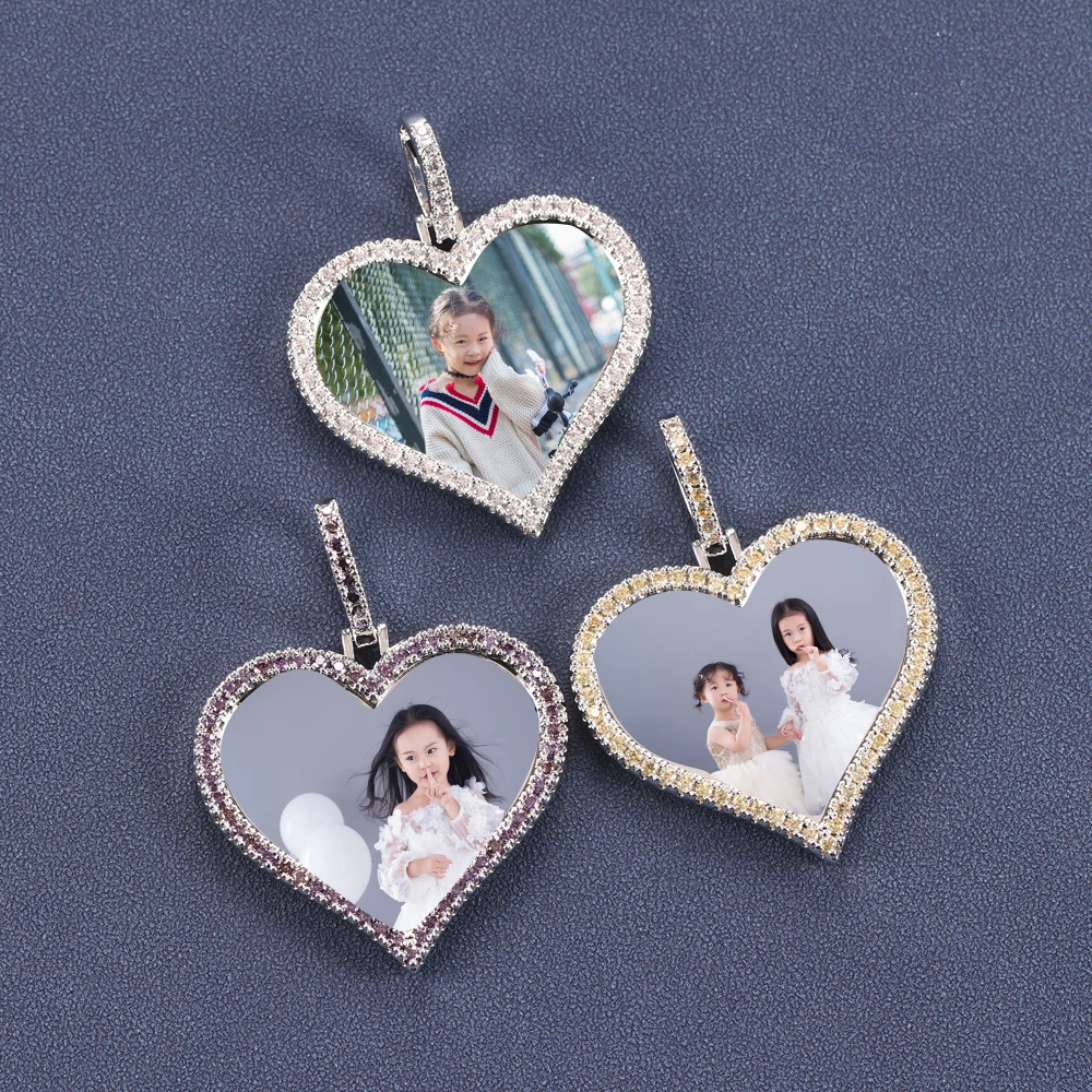 

Hot Selling Customization Gold Plated Copper Iced Out Heart Shape Photo Pendant Sublimation Necklace