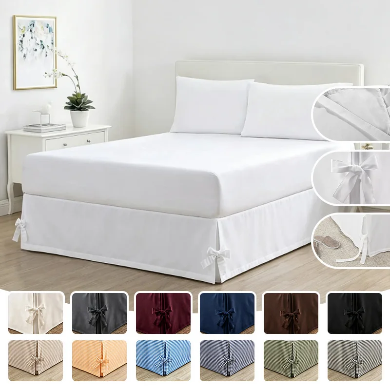 Solid Color Corner Bowknot Tie Design Bedskirt Wrinkle Resistant Fade Proof Universal For Home Hotel Large Size Bed Decor Use