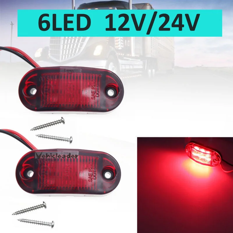 2Pcs 12V / 24V Side Marker Lights Car External Lights 6LED Warning Tail Light  Auto Trailer Truck Lorry Lamps Red Color