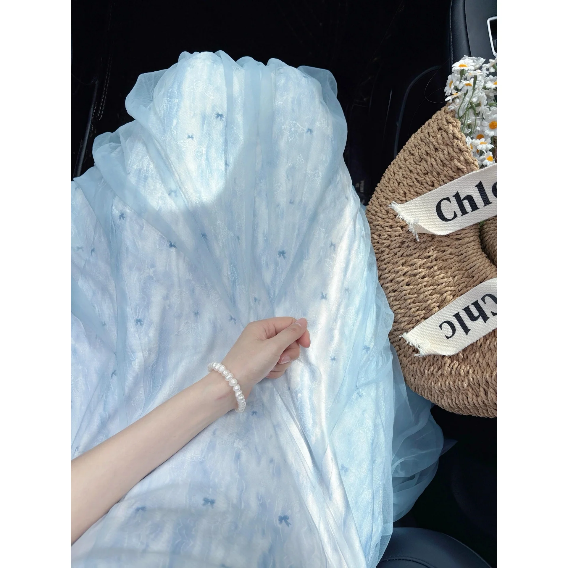 休暇 Fairycore スパゲッティストラップドレス女性ライトブルーチュール A ラインガウンエレガントな夏フレンチスウィートプリンセスメッシュロングドレス