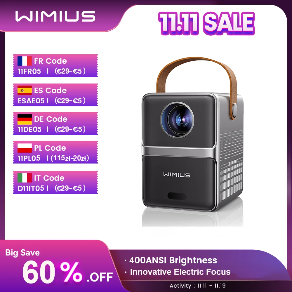 Wimius Portable 1080P Projector 18000L 5G WiFi Bluetooth Theater Projector Support Full HD 1080P Display Home Cinema Projector