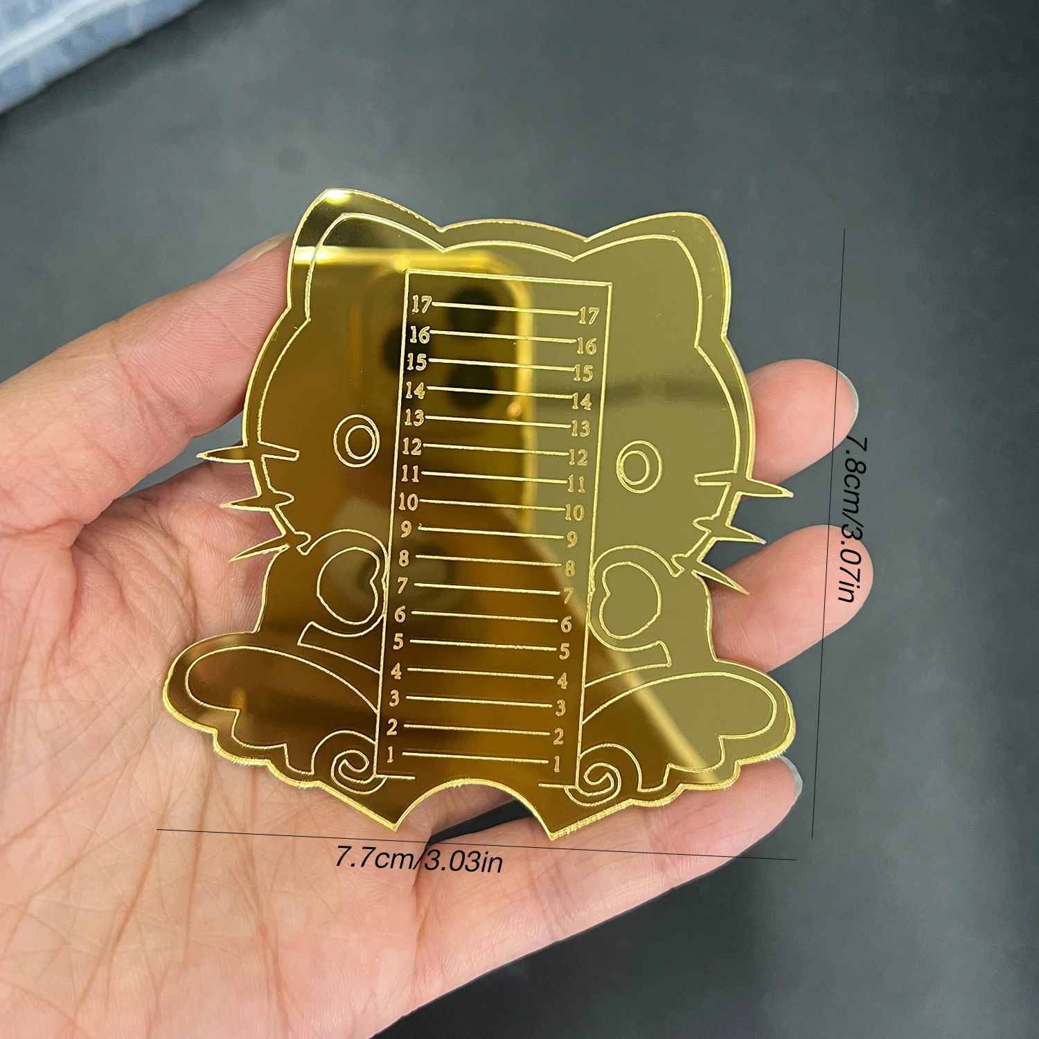 Regla de puntas de uñas para recortar el mismo espejo acrílico dorado, herramienta de medida de longitud de uñas de gato bonito para salón, arte de uñas en casa, 1 Uds.