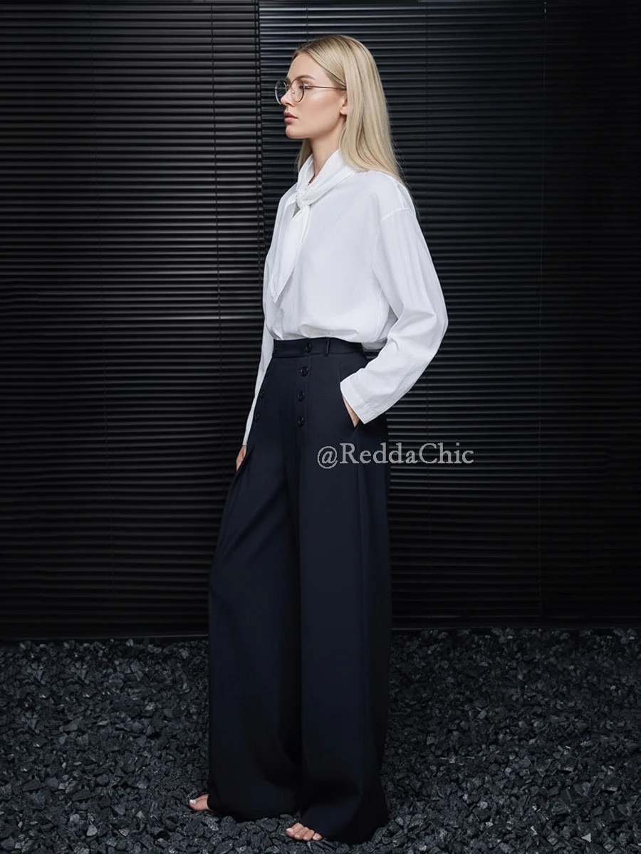 REDDACHiC المرأة زر ديكور البدلة بنطلون مطوي جيوب أمامية واسعة الساق فضفاضة نظيفة تناسب سروال فستان مكتب ارتداء اليومي