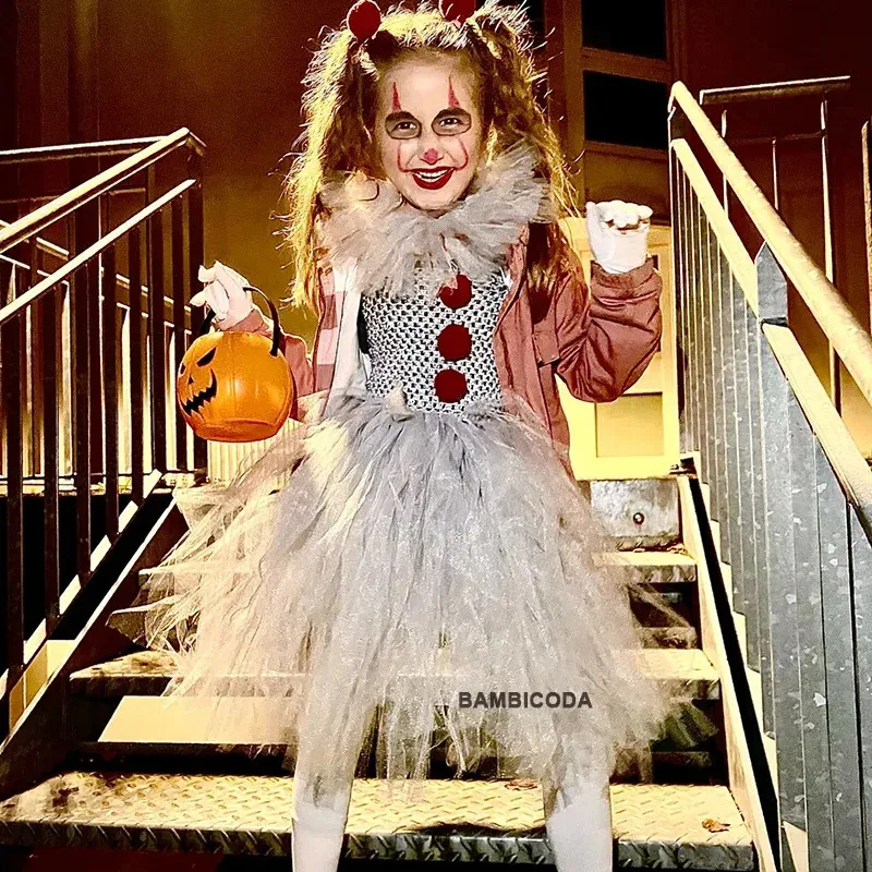 

Gray Clown Tutu Dress for Girls Carnival Girl Joker Cosplay Tulle Outfit Children Party Scary Clothes Halloween Costume for Kids