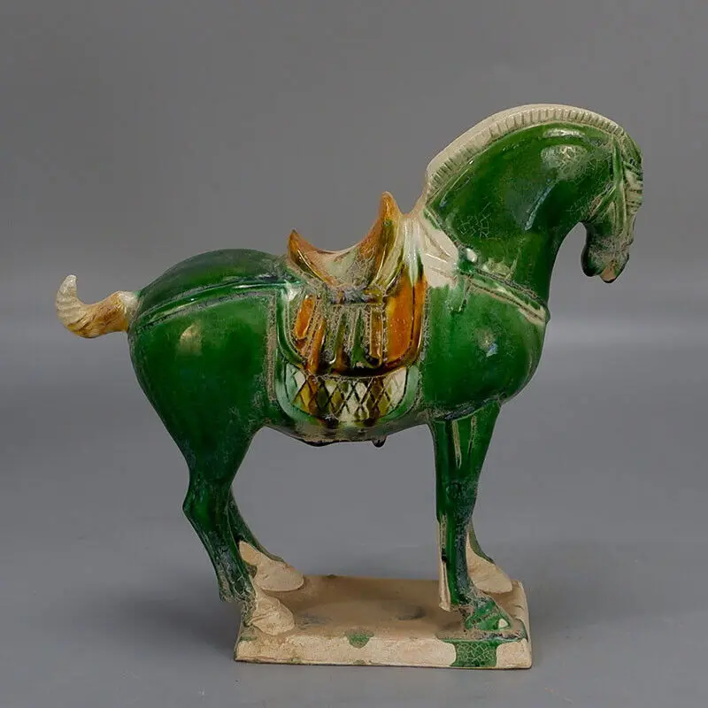 Chinese Tang Tri-Color Glazed Ceramics Green War Horse Porcelain Statue 9.0 inch