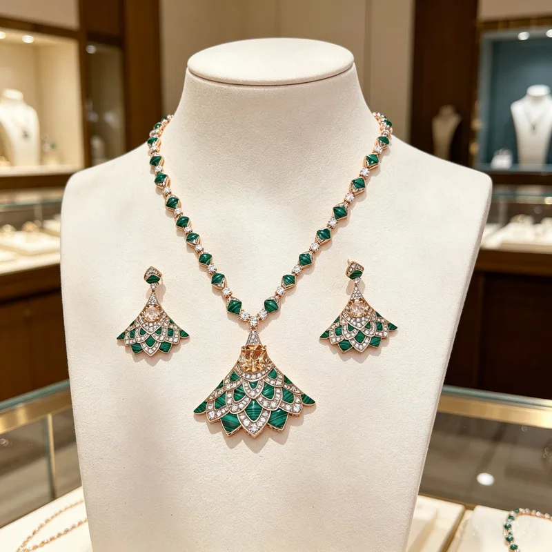 

Europe America Earrings Necklace Women Lady Inlay Cubic Zircon Malachite Plated Champagne Gold Color Dinner Party Jewelry Sets