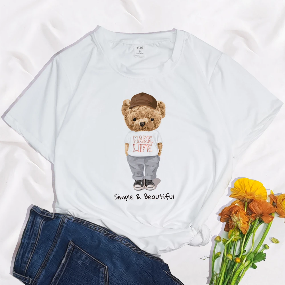 Love Yourself Bear-Camiseta con estampado Harajuku para mujer, blusa informal básica con cuello redondo, camisa blanca de manga corta