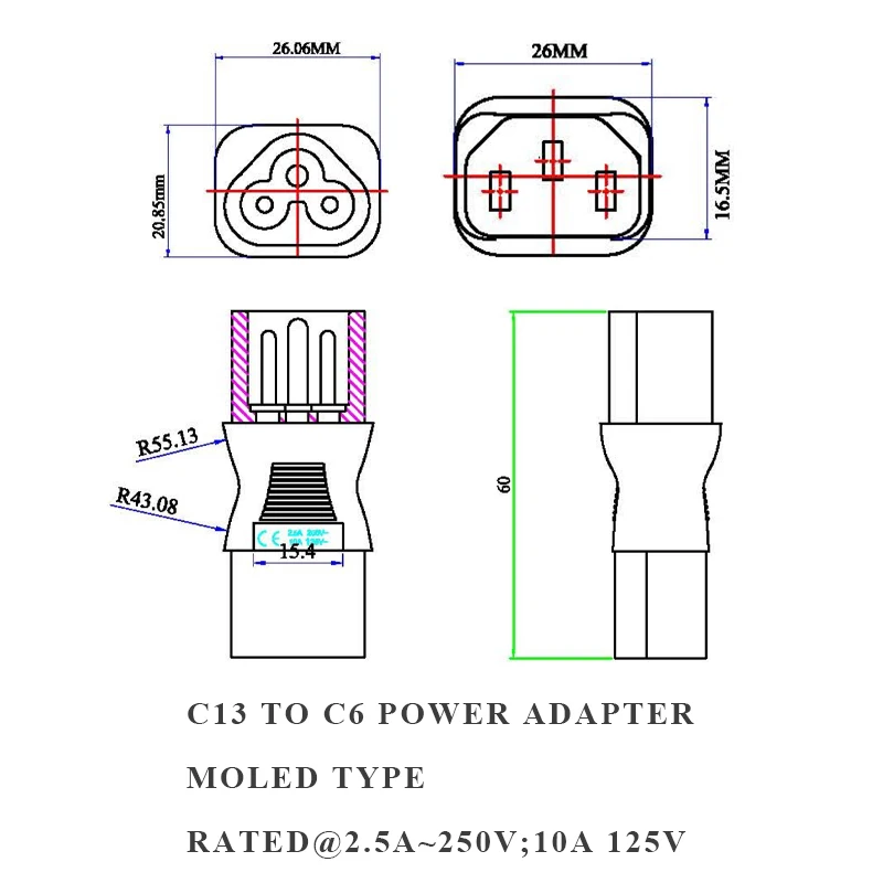 Power Adapter IEC 320 C13 To C8 90 Degree Up Down Angled Right Angle AC Extension Connector