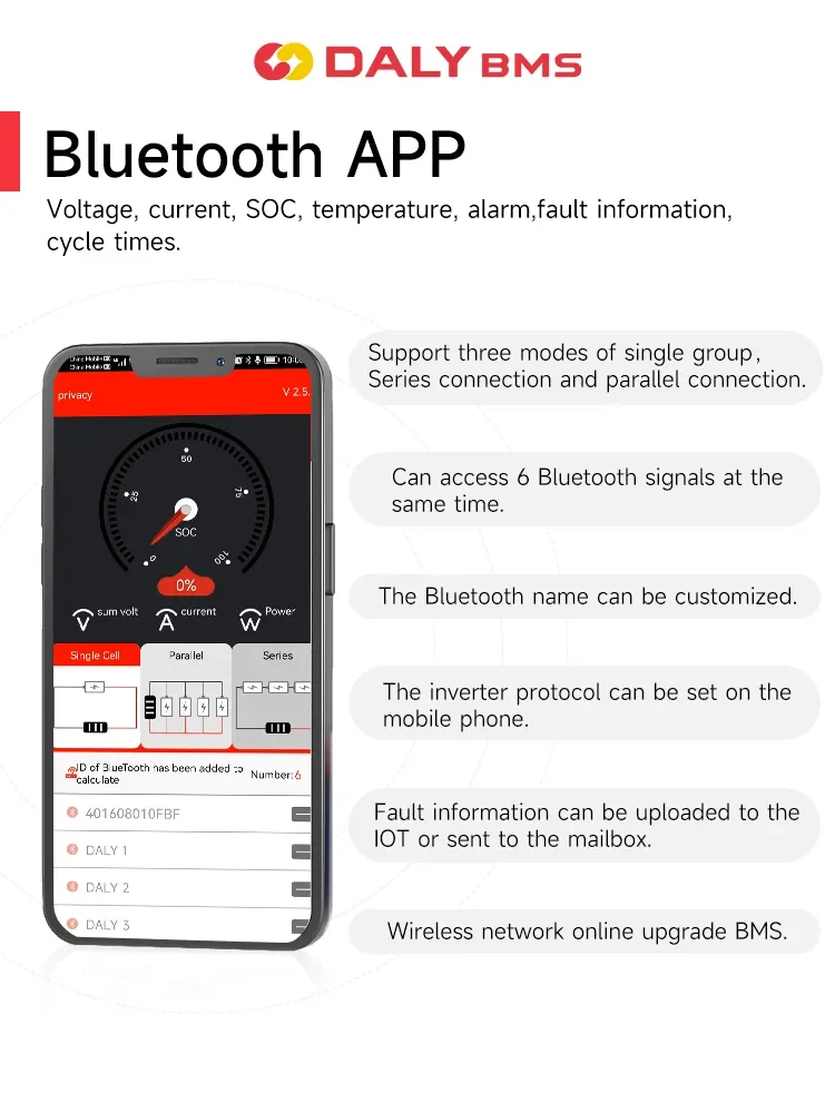 DALY BMS Smart BMS Lifepo4 Li-ion Battery 4S 8S 16S 30A 40A 60A 80A 100A 120A 150A 200A 250A Bluetooth APP for Inverter Solar RV