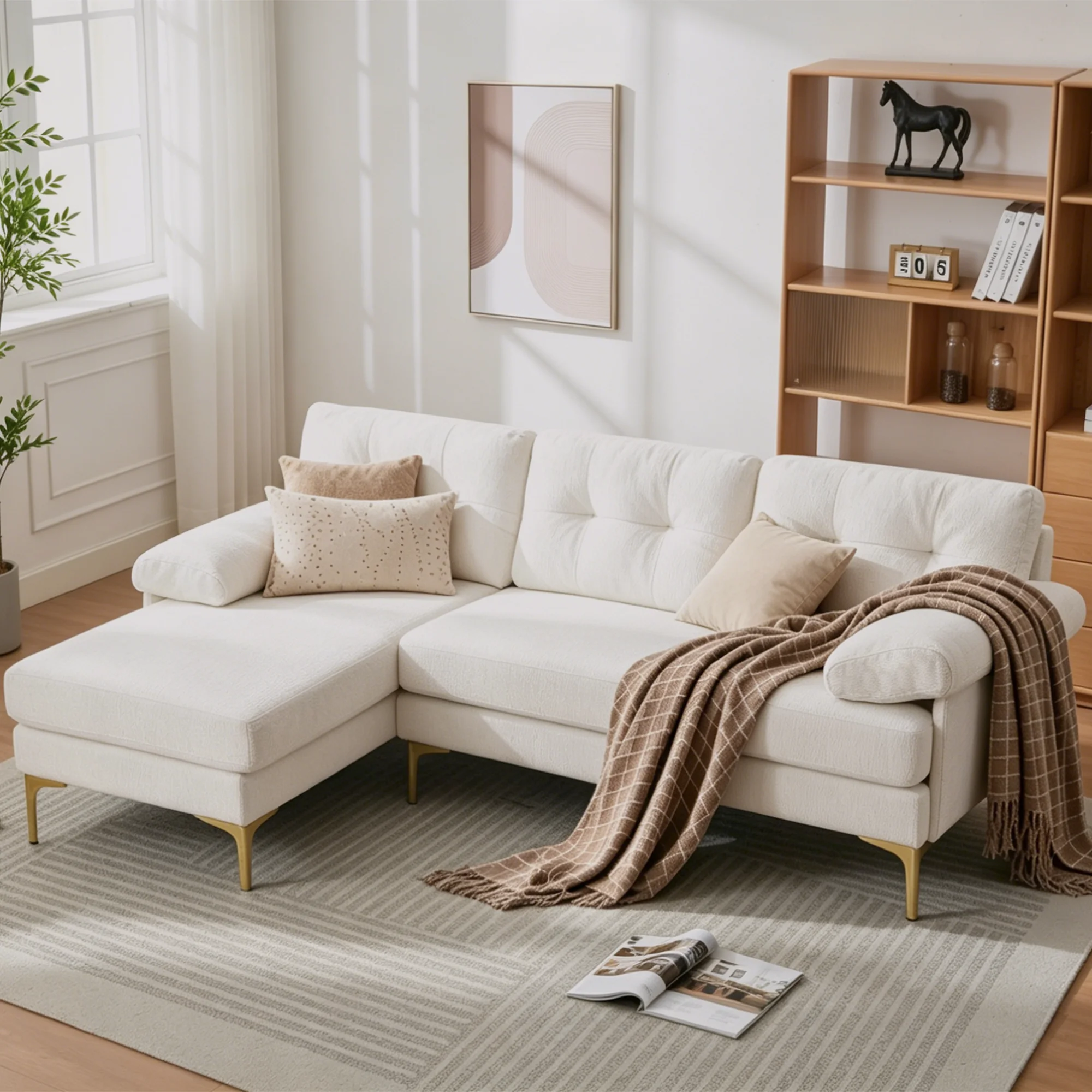 Canapé sectionnel en forme de L avec 3 coussins, chaise longue convertible, revêtement en chenille, pieds en métal, beige
