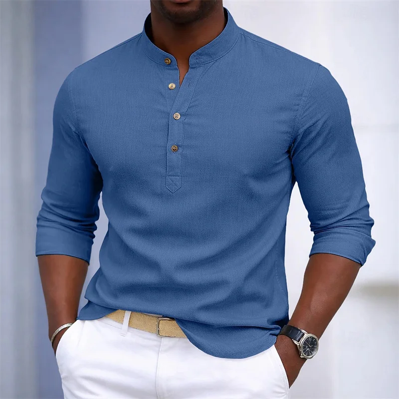 2026 New Men's Stand Collar Henley Shirt, Solid Color, Slim Fit, Long Sleeve, Casual Business Men's Top, Available in 19 Colors