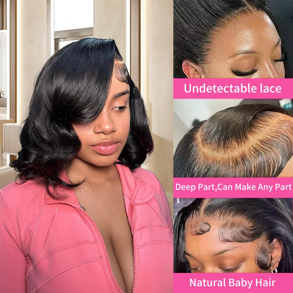

13x6 Body Wave Bob Wig, HD Transparent Lace Front, Brazilian Human Hair, 180% Density, Black, 10-18 Inch, Pre-Plucked, For Women